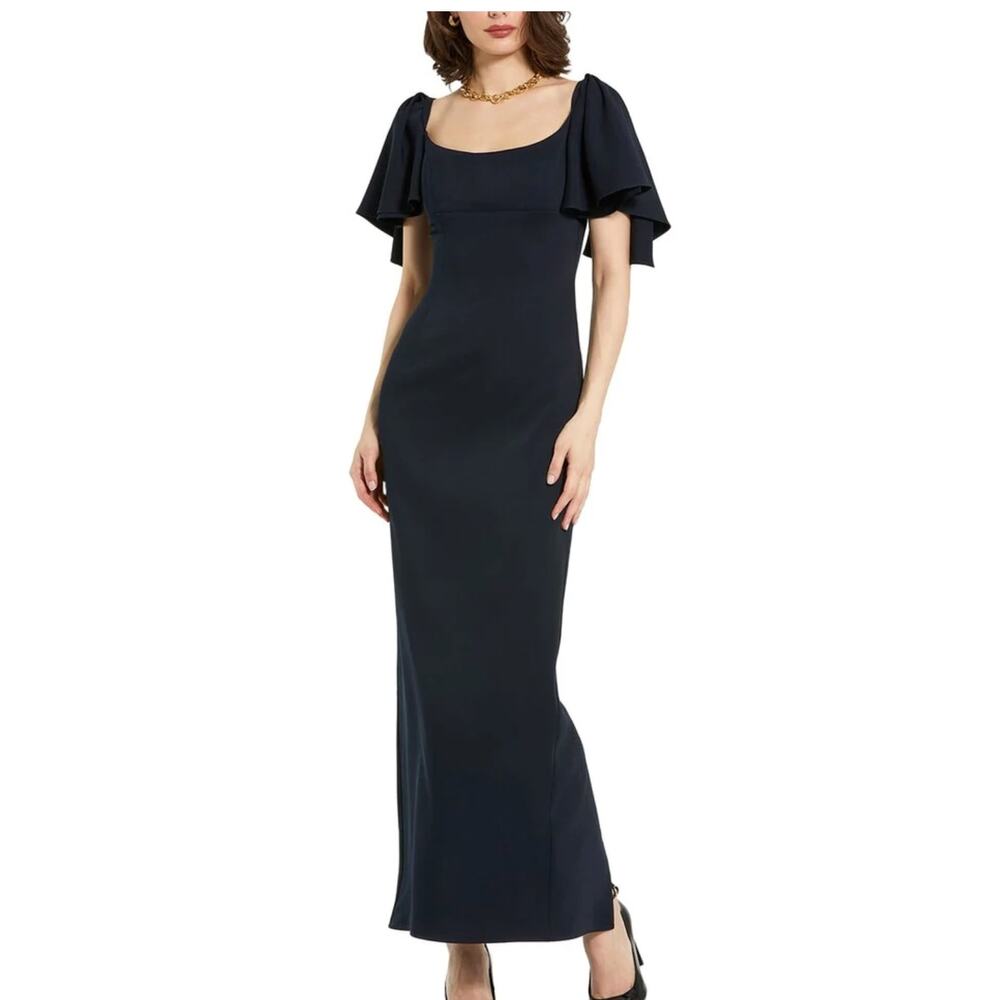 New without Tags Mac Duggal 20962 Black Crepe Flutter Sleeve Maxi Gown Sz 10 - Picture 2 of 16